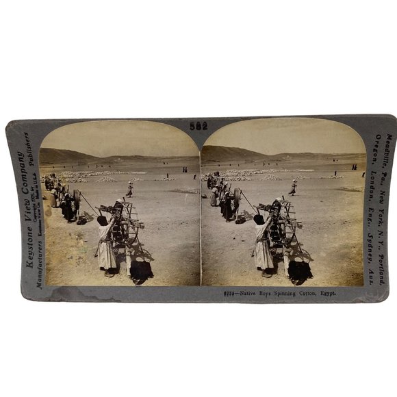 Antique 1905 Stereoview Photo Card Native Boys Spinning Cotton Egypt Keystone - Picture 2 of 10